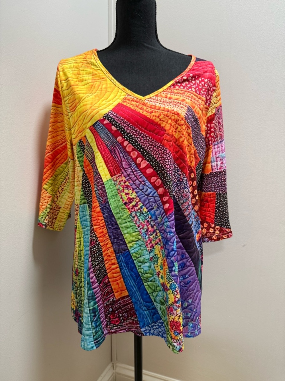 Multicolor Rainbow Patchwork V-Neck Tunic